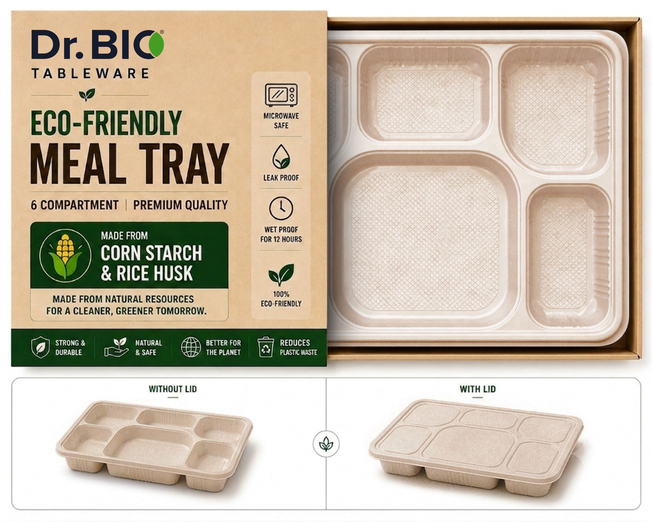 Dr. Bio 6-Compartment Compostable Meal Tray – With/Without Lid